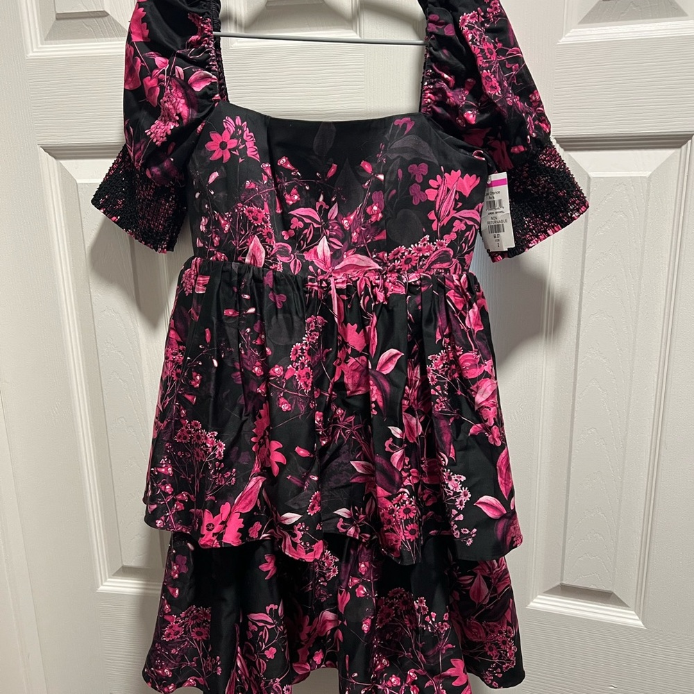 Alice + Olivia Black Mini Dress with Pink Floral Print - Picture 4 of 4